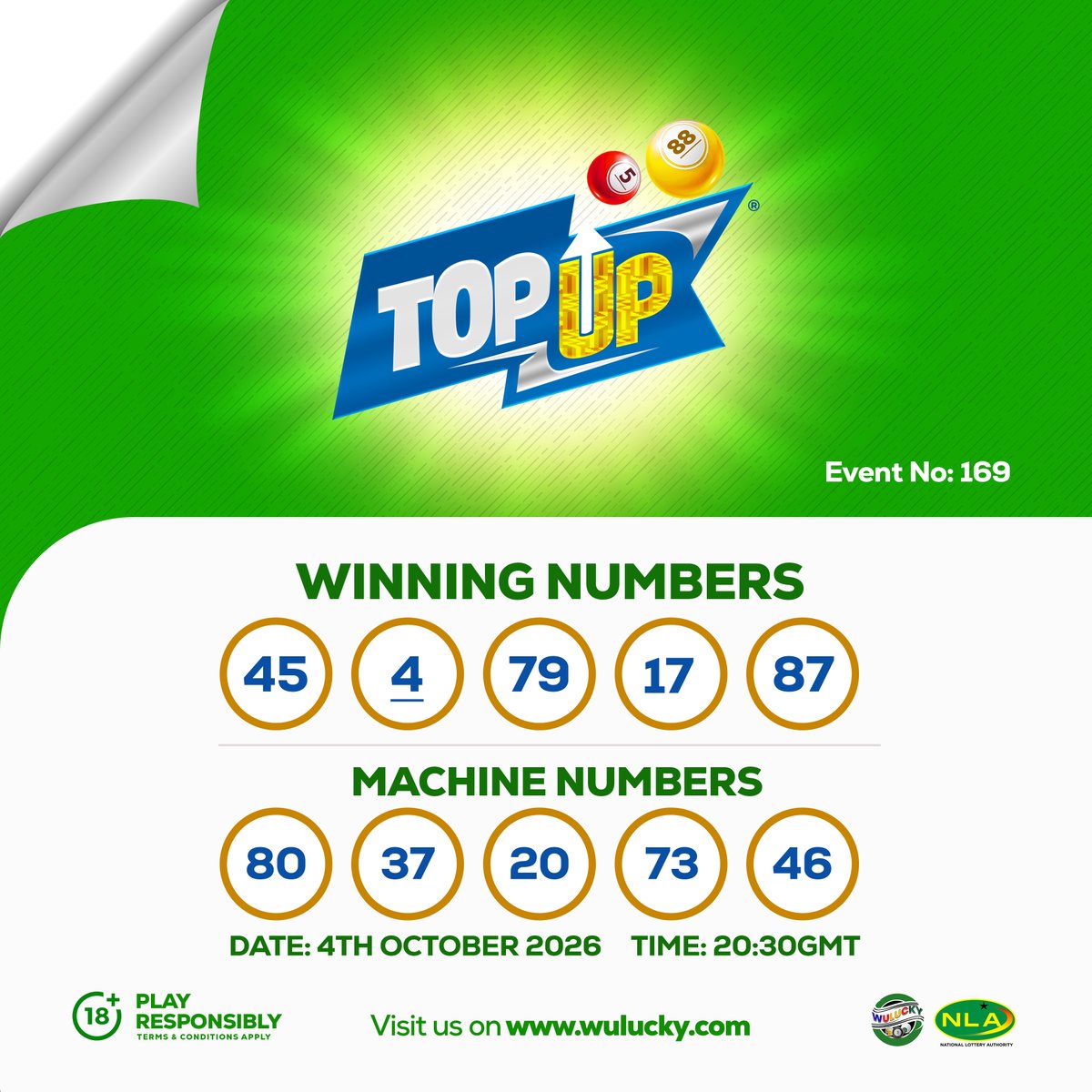 wuluckygh's tweet photo. 2026/10/04 - 20:30GMT- WULUCKY 5/88 TOP UP LIVE DRAW - EVENT NO: 169
Live Draw by WuluckyGhana Limited. Regulated by the NLA.

Winnings can be requested or toggled to be received instantly! No one does it better!! 

Wulucky!! Play small, WIN BIG!!

#winbig #wuluckygh #playsmall #cikapuduo #odogwuhour #wulucky588 #wulucky590