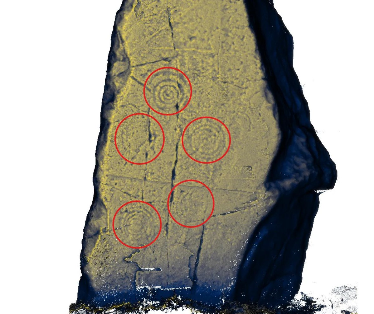 AdamMIbbotson's tweet photo. Just scanned and visualised Long Meg, Cumbria. 🤔

There are five circular motifs carved on the stone... not just the three that are visible (one is a spiral!). I believe there was a previous study that suspected five, but would say 100%... https://t.co/d24XBSxIKF