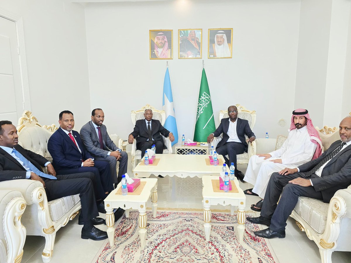 SomaliaMolsa's tweet photo. Somalia’s Minister of Labour and Social Affairs, H.E. Prof. Salim Alio Ibro, met Saudi Ambassador H.E. Ahmed Mohamed Almowallad to discuss job creation and employment opportunities for Somali youth, accompanied by MoLSA DG Abdullahi Hassan Aadan. https://t.co/DFkklNfwYk