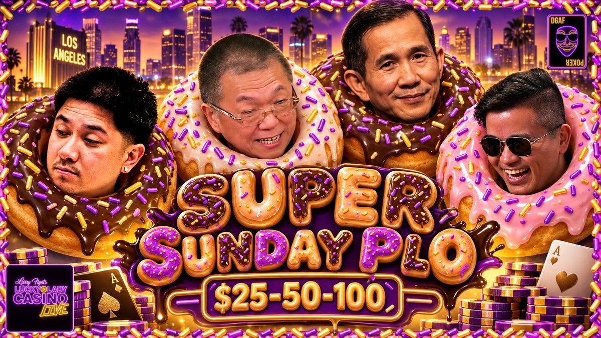 LLCLPokerShow's tweet photo. 🍩SUPER SUNDAY PLO🍩
@LarryFlyntsLL 

Today, enjoy HIGH STAKES $25/50/100!
GAME TIME: 2 PM⏰
📺:https://t.co/83Ri3PaObX

⭐️THE DEGENS⭐️
Suited Superman🦸
Kate💀
San😈
Drew🥶
Dr. H💉
ADI🤑
Leo🦁
Richie♠️
Nicolette🔥
Jonny♦️ https://t.co/GsjR36lIrq
