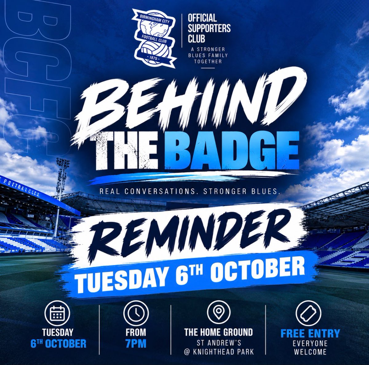 OSCBCFC's tweet photo. BEHIND THE BADGE | TOMORROW!

Tomorrow evening, we come together for our first Behind the Badge.

No pressure. No judgement. No expectations.

Just Bluenoses, a coffee and a space to talk, listen, connect and look out for one another.

You don’t have to be struggling to come along. You might want to support a mate, meet other Blues or simply be part of the conversation.

📅 Tomorrow – Tuesday 6th October
⏰ From 7pm
📍 The Home Ground, St Andrew’s @ Knighthead Park
🎟️ FREE – everyone welcome

If you've been thinking about coming along, we'd love to see you there. 💙

Real Conversations. Stronger Blues.

Same Badge. Same Support.

#BehindTheBadge #BCFC #KRO