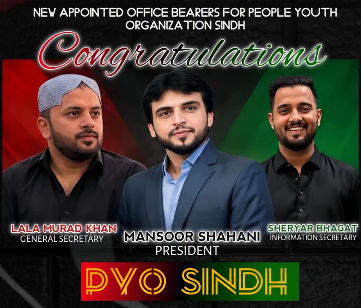 SaleemKhan_uc7's tweet photo. پی وائی او (PYO) سندھ کی کابینہ میں نئی ​​ذمہ داریاں سنبھالنے پر منصور شاہانی، لالہ مراد خان اور شہریار بھگت کو دلی مبارکباد۔
نئے تعینات ہونے والے عہدیداران کے لیے نیک خواہشات کہ وہ نوجوانوں اور تنظیم کی آواز کو مزید مضبوط بنانے میں بھرپور کامیابی حاصل کریں۔ ❤️
#SMTteamSN https://t.co/kHgYaP1T3g