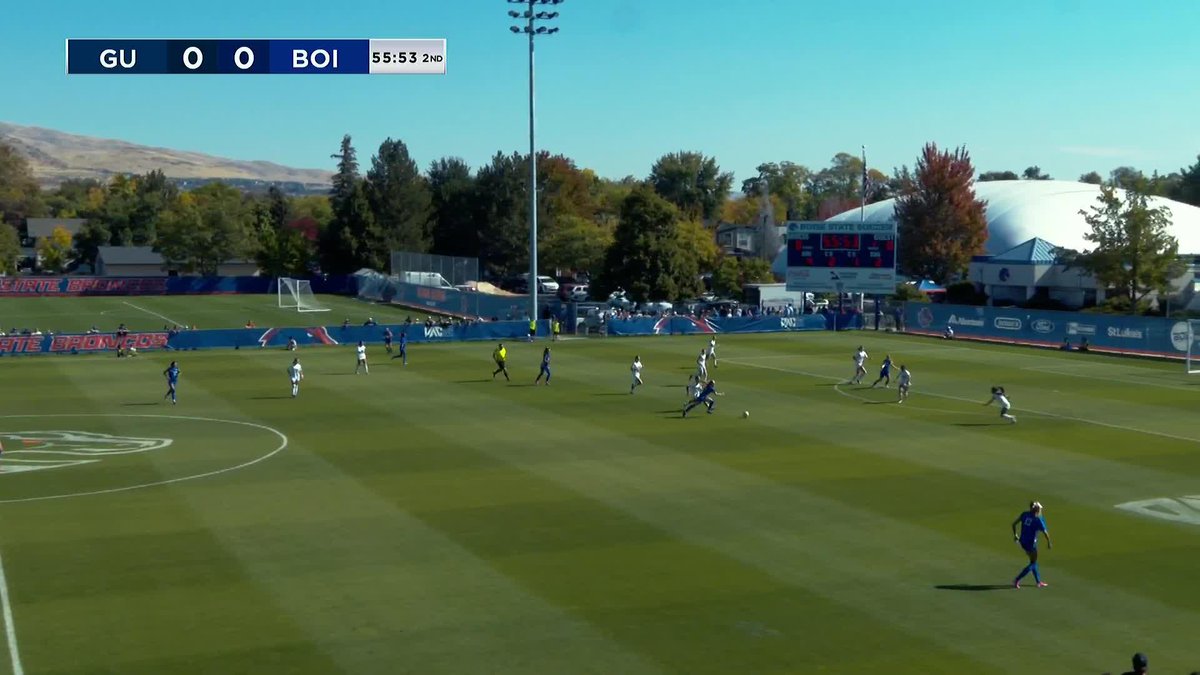 A soccer match between Gonzaga (GU) and Boise State (BOI) with a 0-0 score at 55:53 in the 2nd half, played on a field with Boise State Broncos branding.
