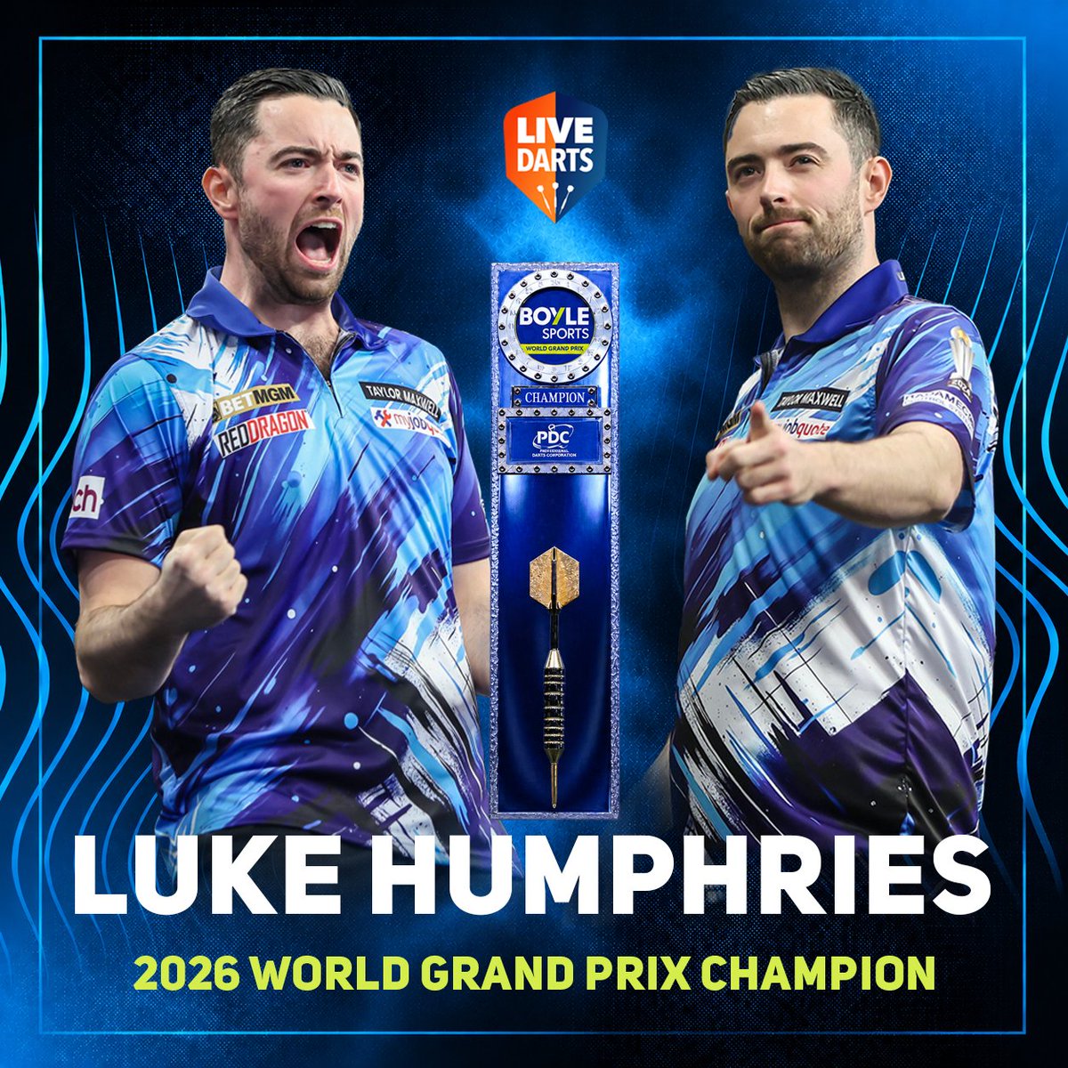livedarts's tweet photo. 𝗛𝗨𝗠𝗣𝗛𝗥𝗜𝗘𝗦 𝗥𝗘𝗚𝗔𝗜𝗡𝗦 𝗚𝗥𝗔𝗡𝗗 𝗣𝗥𝗜𝗫 𝗖𝗥𝗢𝗪𝗡 🏆

Luke Humphries sensationally battles back from 3-0 down to defeat Gerwyn Price 6-4 and become World Grand Prix champion for the second time! 

A ninth major title for Cool Hand 🆒✋ https://t.co/25YXBua14Y
