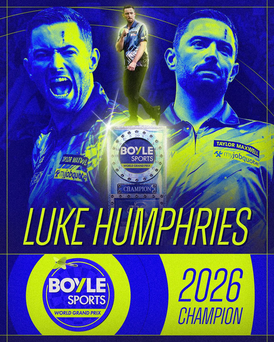 OfficialPDC's tweet photo. HUMPHRIES HAS DONE IT! 🏆

Luke Humphries reclaims the @BoyleSports World Grand Prix title with an INCREDIBLE comeback victory over Gerwyn Price! 👏 https://t.co/EG590NG04d