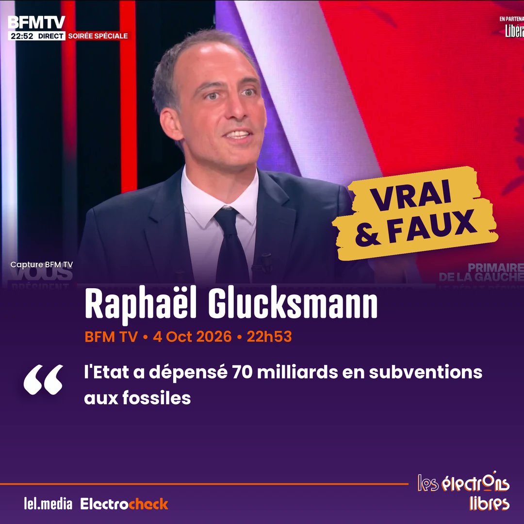 lel_media's tweet photo. ⚖️ MIXTE. Sur BFM TV, Raphaël Glucksmann affirme que « l'Etat a dépensé 70 milliards en subventions aux fossiles ».

La Cour des comptes évalue bien à 71,7 milliards d'euros le coût brut des aides face à la crise énergétique (2021-2024). Mais plus de 60 % de l'enveloppe (environ 44 milliards) a financé le bouclier sur l'électricité, décarbonée à plus de 90 % en France. Les aides aux fossiles (remise carburant à 8 milliards, bouclier gaz) étaient minoritaires.

#Electrocheck
source : https://t.co/YBXOCJXixB