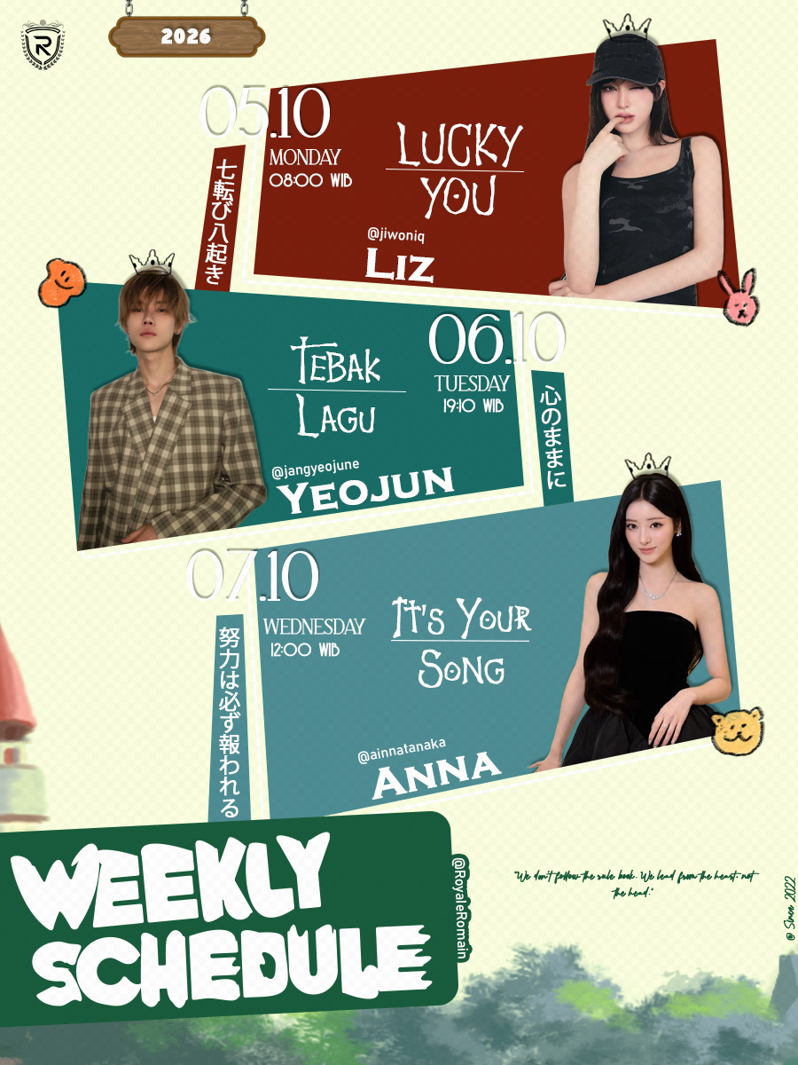 RoyaIeRomain's tweet photo. ㅤㅤㅤ
ㅤㅤㅤㅤㅤㅤㅤㅤㅤ 
ㅤㅤㅤ         𝗪𝗘𝗘𝗞𝗟𝗬 𝗦𝗖𝗛𝗘𝗗𝗨𝗟𝗘

ㅤㅤㅤ───── ⋆⋅☆⋅⋆ ─────

ㅤㅤㅤ https://t.co/xeLNL8R8pw