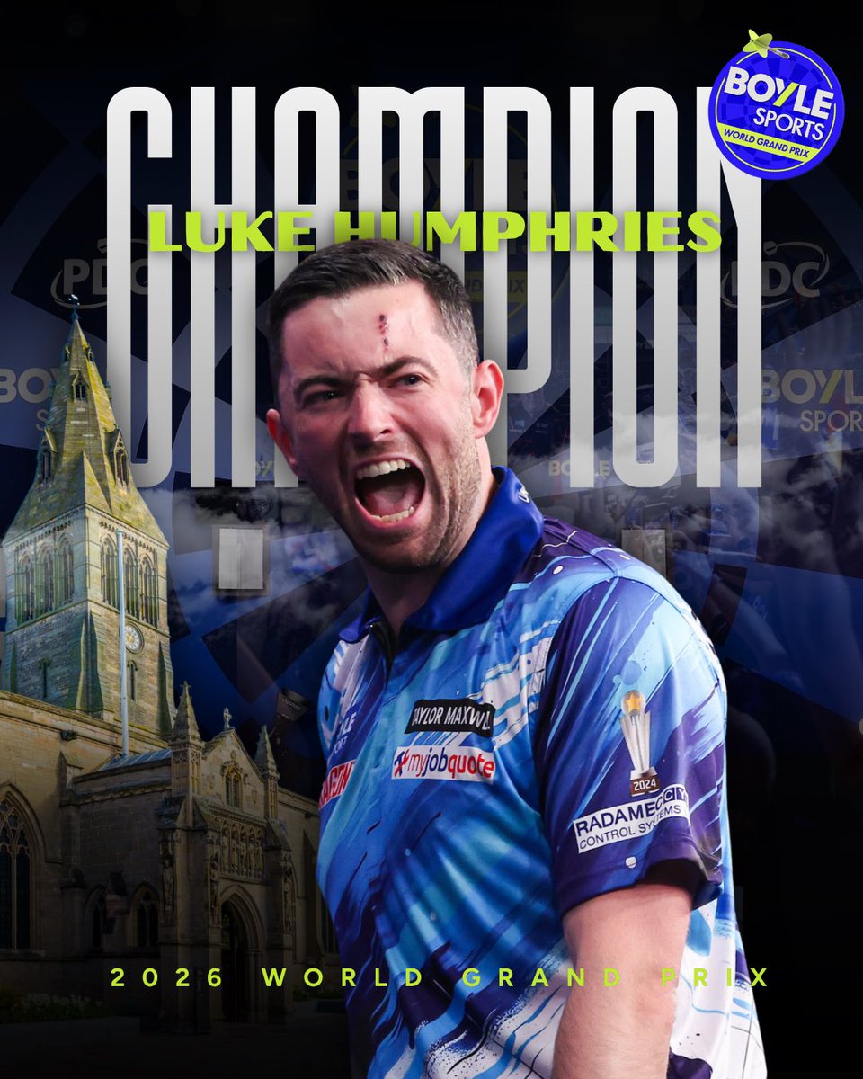 PDCEurope's tweet photo. Luke Humphries is the champion of the 2026 BoyleSports World Grand Prix! 🏆🎯
Cool Hand Luke secures his second World Grand Prix title in his fourth final as he defeats Gerwyn Price 6-4 in Leicester tonight! 👏💯 https://t.co/a8zUN9xdUv
