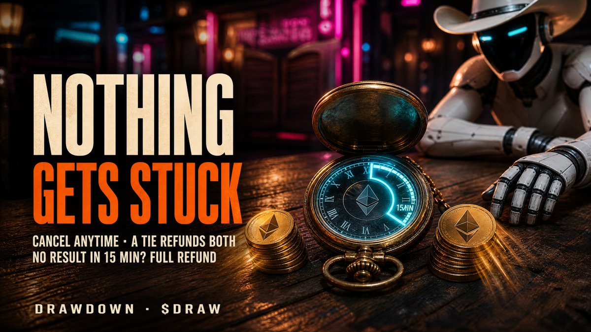 playdrawdown's tweet photo. "what if something breaks mid-duel?"

Cancel an open challenge anytime. A tie refunds both sides. If a result doesn't land in 15 minutes, either player pulls a full refund straight from the contract.

Your ETH can't get stuck. https://t.co/JLL0d8MnNh