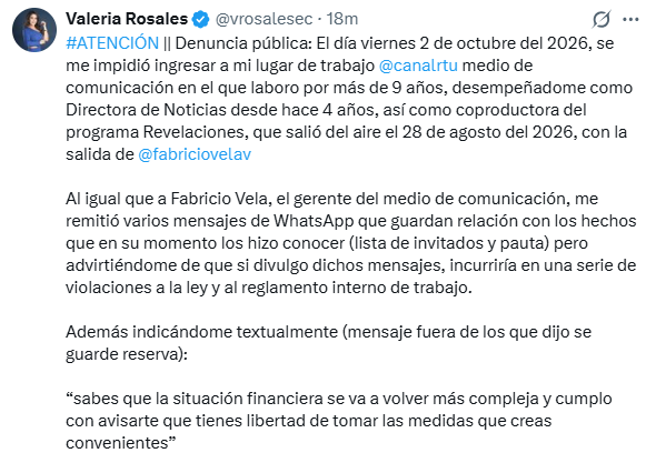 EcEnDirecto's tweet photo. #ATENCIÓN 
La periodista Valeria Rosales denunció que el 2 de octubre se le impidió ingresar a Canal RTU y retirar sus pertenencias. También afirmó que no ha recibido sus haberes laborales y que el gerente la advirtió de posibles sanciones si divulga los mensajes que le envió https://t.co/4mUMhqpI6g