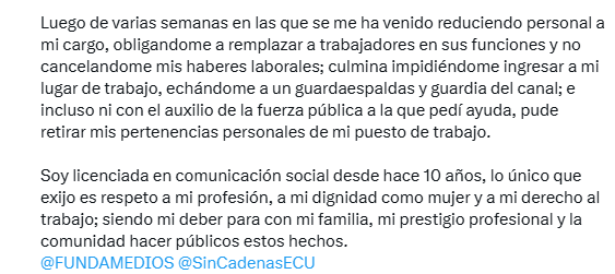 EcEnDirecto's tweet photo. #ATENCIÓN 
La periodista Valeria Rosales denunció que el 2 de octubre se le impidió ingresar a Canal RTU y retirar sus pertenencias. También afirmó que no ha recibido sus haberes laborales y que el gerente la advirtió de posibles sanciones si divulga los mensajes que le envió https://t.co/4mUMhqpI6g