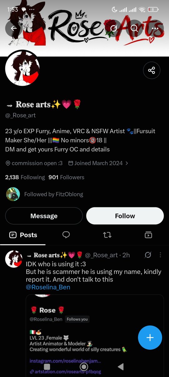 Roselina_Ben's tweet photo. Hey everyone I would like to share you about this scammer person who is using my name and stuff id made in 2024 and I only do SFW don't get in there trap they using my name the pfp and banner belongs to me! Even tho my Artstation is link to my bio be careful and report plz! https://t.co/0L2Vy5OEfF