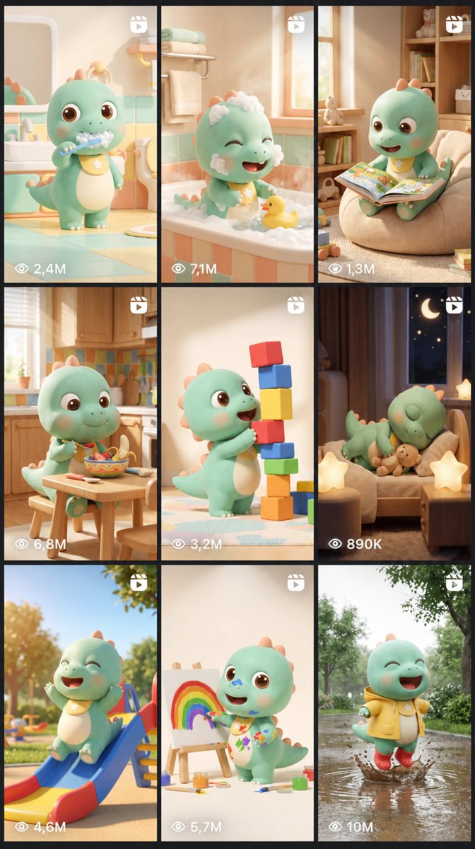 ArchiveExplorer's tweet photo. This dinosaur doesn't exist

35 seconds. 5 moves. 8.3M views...

Toddler cartoons like this are the quiet monster of YouTube – a breakdown of the format did 1.86M views here

Here's exactly how this one was made:

1. The song. One prompt to Lyria 3 Pro with my own lyrics - 35 seconds, vocals and ukulele. The first take skipped "Three!" in a counting song. Whisper caught it, take 3 sang every line

2. The mascot. 4 concepts, picked Dino. Nano Banana Pro in Higgsfield put him in one playroom for every line: hello, jump, clap, spin, touch your toes, bye-bye

3. The singing. I cut the song piece by piece and gave each piece to Seedance 2.5 as an audio reference. He opens his mouth on every word and dances in the gaps

4. The edit is code. Claude Code wrote it in HyperFrames: every word lights up when it's sung, a star hops from word to word, giant numbers pop and fly into a 5-slot counting board. The outro counts the board back: one, two, three, four, five

Then every scene is an ad slot:

Toothbrush → toothpaste
Bubble bath → bath toys
Picture book → kids books
Fruit bowl → snacks
Building blocks → toys
Bedtime → night lights, pajamas
Rain boots → kids clothing

All 9 scenes are already generated, same Dino in each (grid in the reply)

Higgsfield draws and animates him. Picsart writes the song. HyperFrames renders it. You sell the slots

Cost: ~520 Higgsfield credits + 34 Picsart credits

Bookmark this before every kids channel is a dinosaur