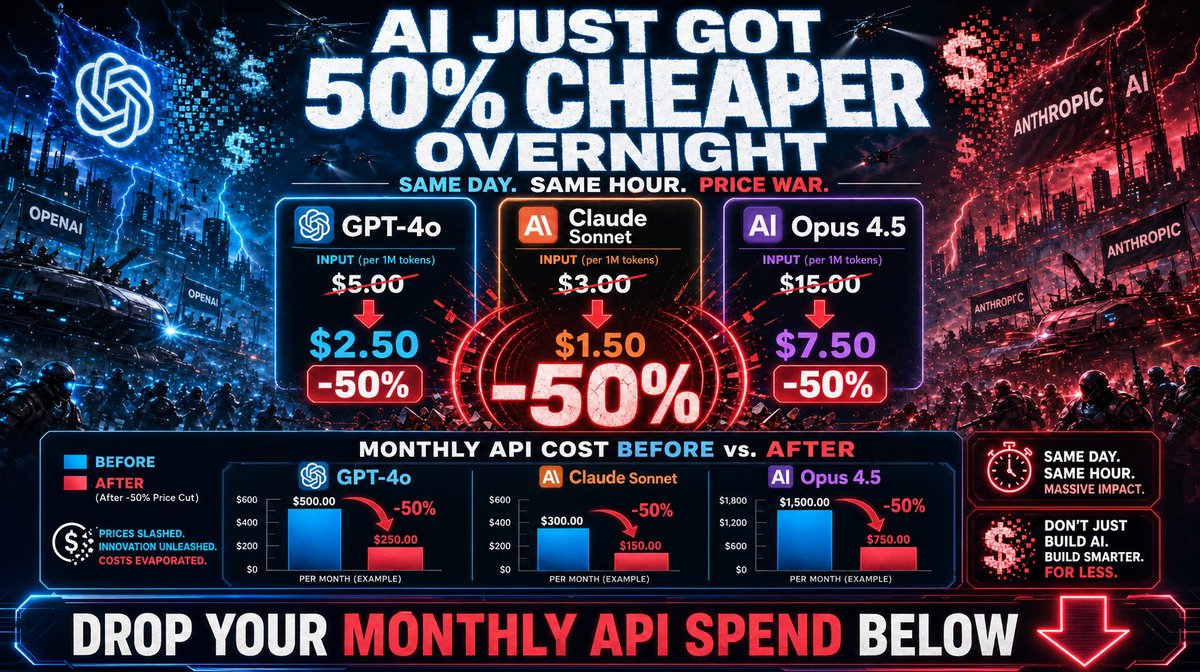 LawtonSolution's tweet photo. AI just got 50% cheaper overnight.

OpenAI and Anthropic both cut prices the same day.

That's not a promo. That's a price war.

Sol vs Luna vs Opus 4.5 — which model wins for your stack?

Drop your monthly API spend below. https://t.co/th1rjN5j5J