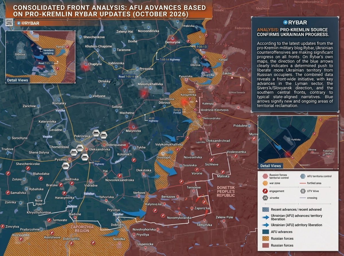 Ukrainene's tweet photo. 🚨 BREAKING / BATTLEFIELD UPDATE:
🔱 According to the latest maps from pro-Kremlin military blog Rybar, Ukrainian counteroffensives are gaining significant momentum across all major fronts.
🔱 The blue advance vectors clearly show Ukrainian forces driving forward to liberate more occupied territory in the Lyman, Slovyansk, and Dnipropetrovsk/Zaporizhia sectors.
🔱 Even enemy-aligned sources can no longer obscure Ukraine's front-wide initiative. 🇺🇦
#UkraineWar #Lyman #Slovyansk #Counteroffensive #Rybar #Ukraine #MilitaryUpdate