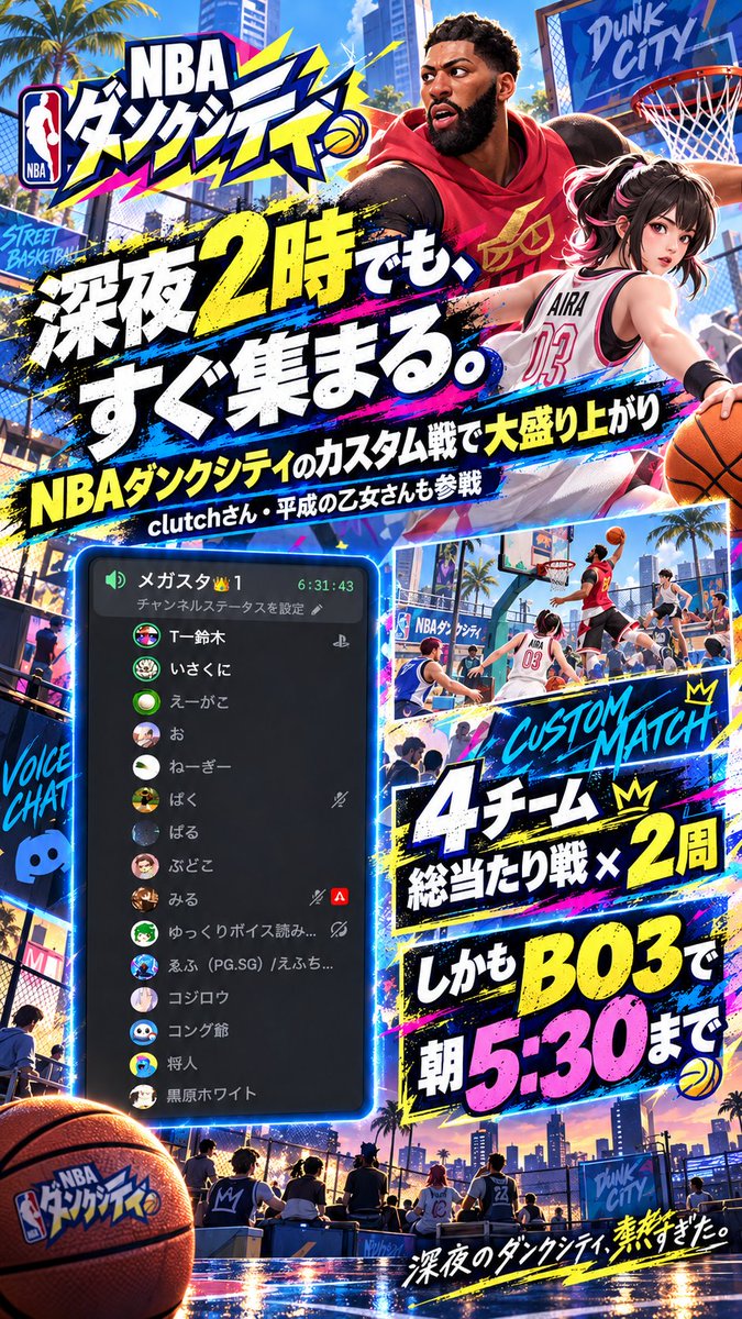 isakuniNBA's tweet photo. 【深夜2時でもこの人数😂】

clutchさん、平成の乙女さんも参戦して、
4チーム総当たり×2周、しかもBO3。

気づけば朝5:30までカスタム戦してた🤣
アリーナとアリーナと結ぶ鯖になれてよかった😊
集まってくれたみなさん、ありがとうございました！

#NBAダンクシティ https://t.co/k7MV7m0o27
