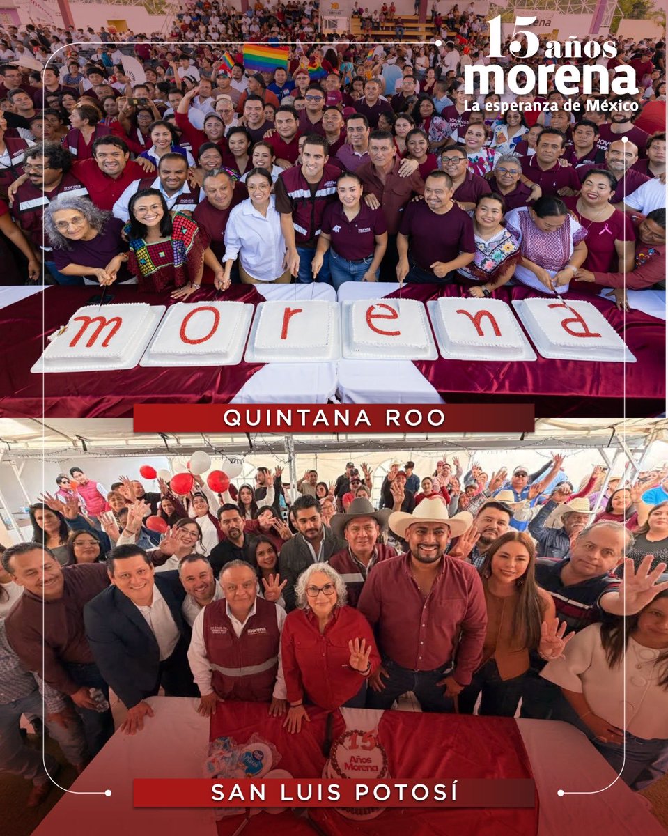 A_MontielR's tweet photo. 15 años después, seguimos caminando juntas y juntos, con la misma convicción y el corazón puesto en la Transformación. ❤️

¡Que siga la celebración!

#15AñosMorena https://t.co/Znl0ROWus3