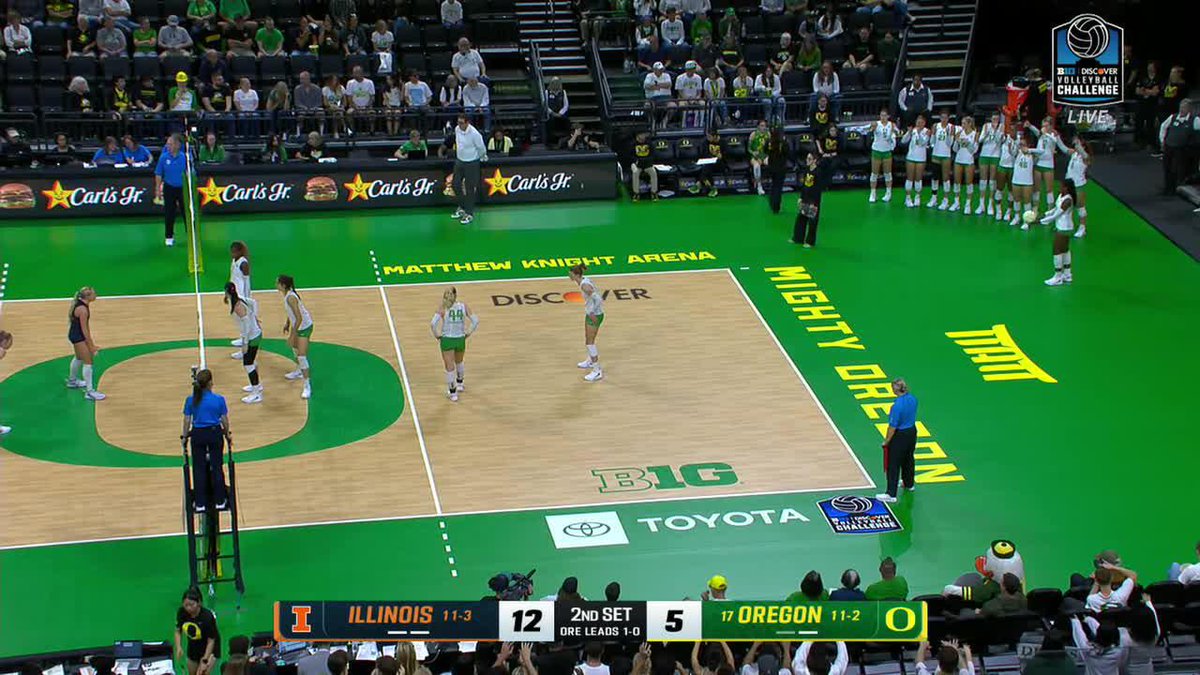 A volleyball match at Matthew Knight Arena between Illinois (#17 Oregon 11-2) and Oregon, with the scoreboard showing Illinois leading 12-5 in the 2nd set, Oregon leads 1-0. Sponsored by Carl's Jr., Discover, and Toyota.