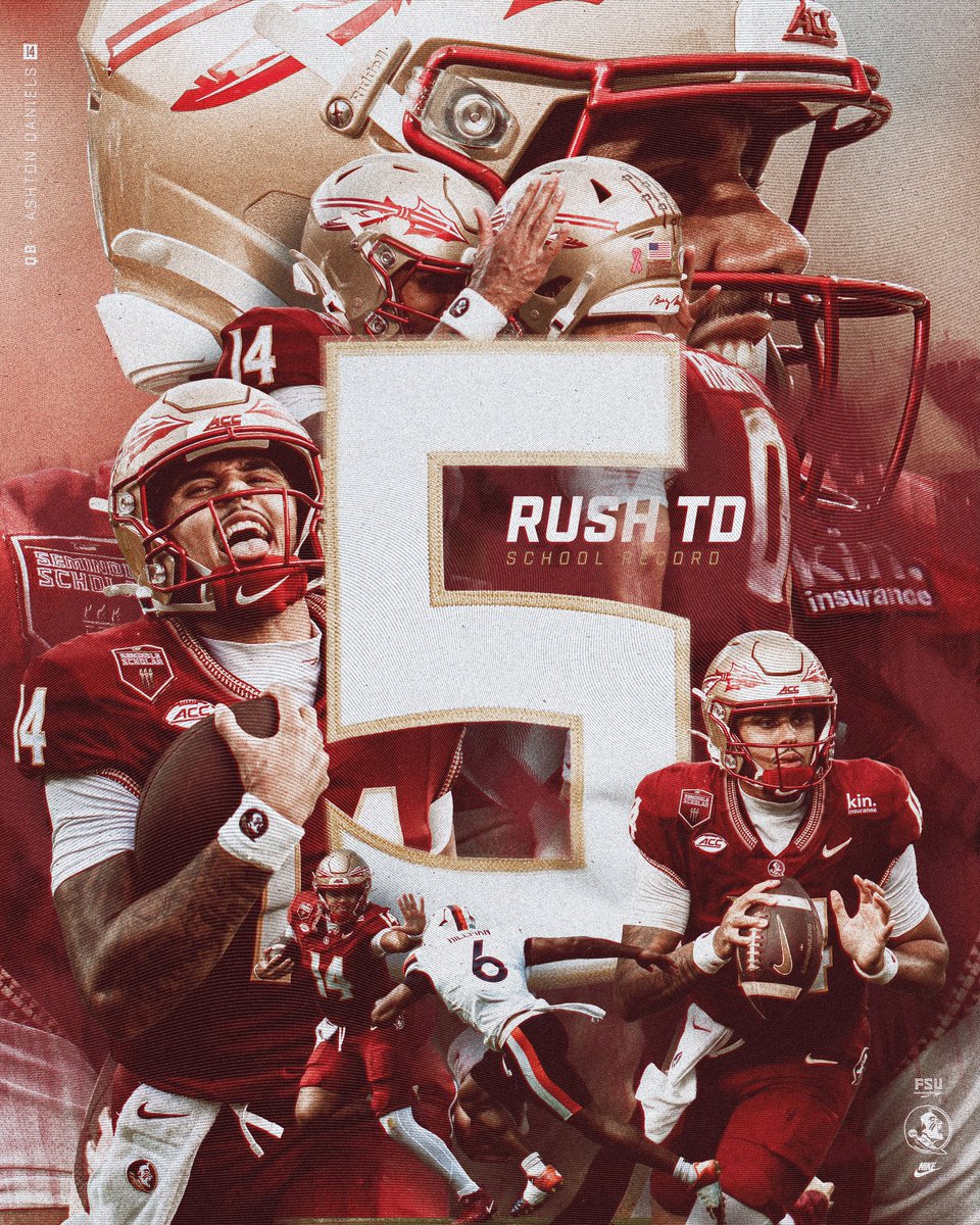 FSUFootball's tweet photo. The greatest rushing touchdown day in Florida State football and Doak Campbell Stadium history belongs to Ashton Daniels 🍢 

#NoleFamily https://t.co/aFouHEBNrQ