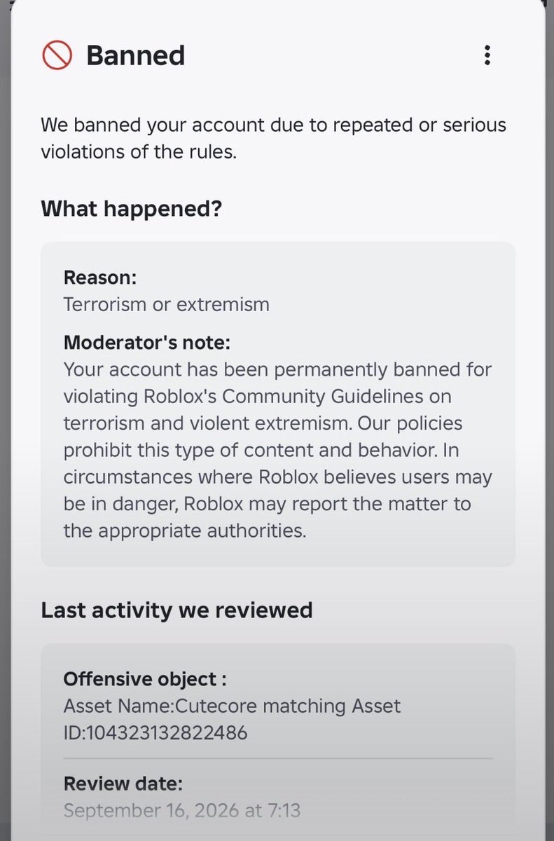 Isiwinini's tweet photo. still falsely banned with my account
@Roblox @RobloxCreators @BOYMAMAG @nicktornow Please have a human manually review my case.
user: h6rqou
#RobloxSupport #RobloxBan https://t.co/RsknHcijkc