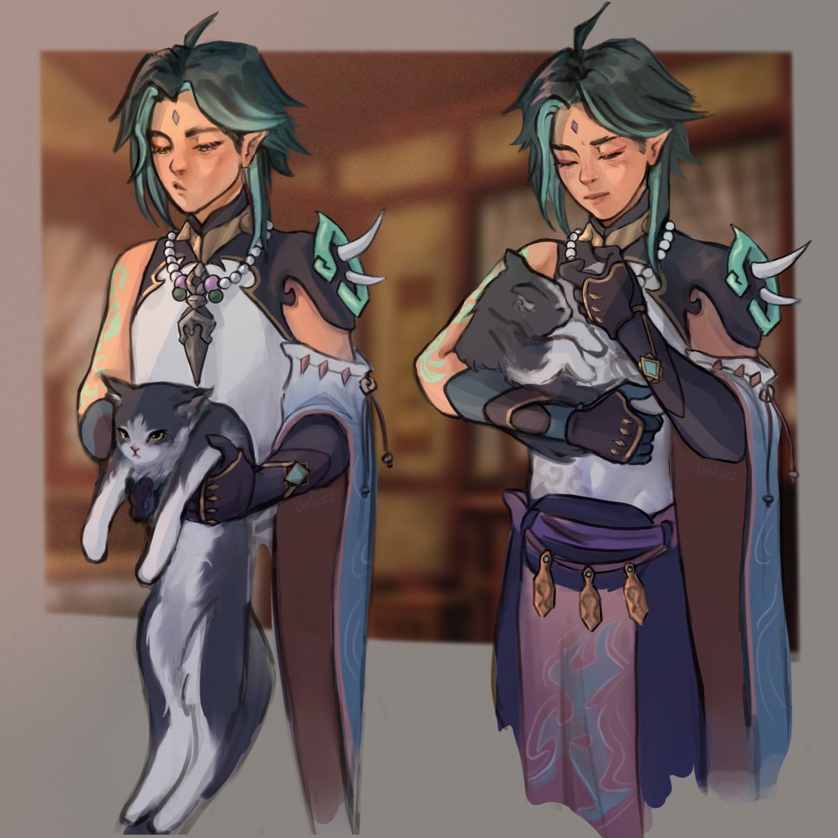 Birb_Nika's tweet photo. Xiao and Wei the cat 
Heavily inspired by „One in the Hand” fic by Princeliest on Ao3 
#genshinimpact #Xiao https://t.co/a6ShFqH0hI