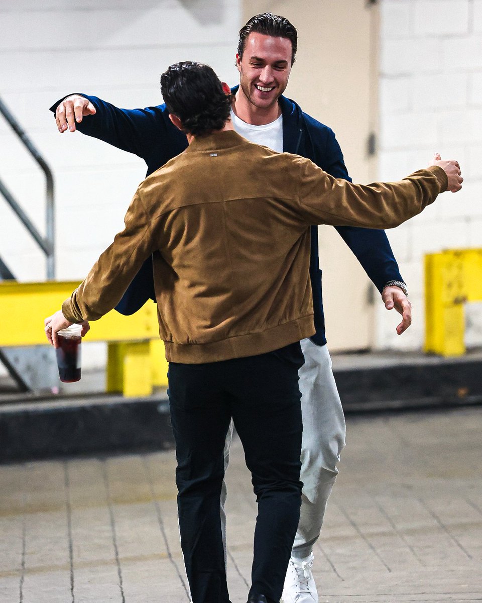 NHL's tweet photo. Will Cuylle was certainly excited to see his former teammate Vincent Trocheck before tonight's game 😁 https://t.co/BrLoblZqM9