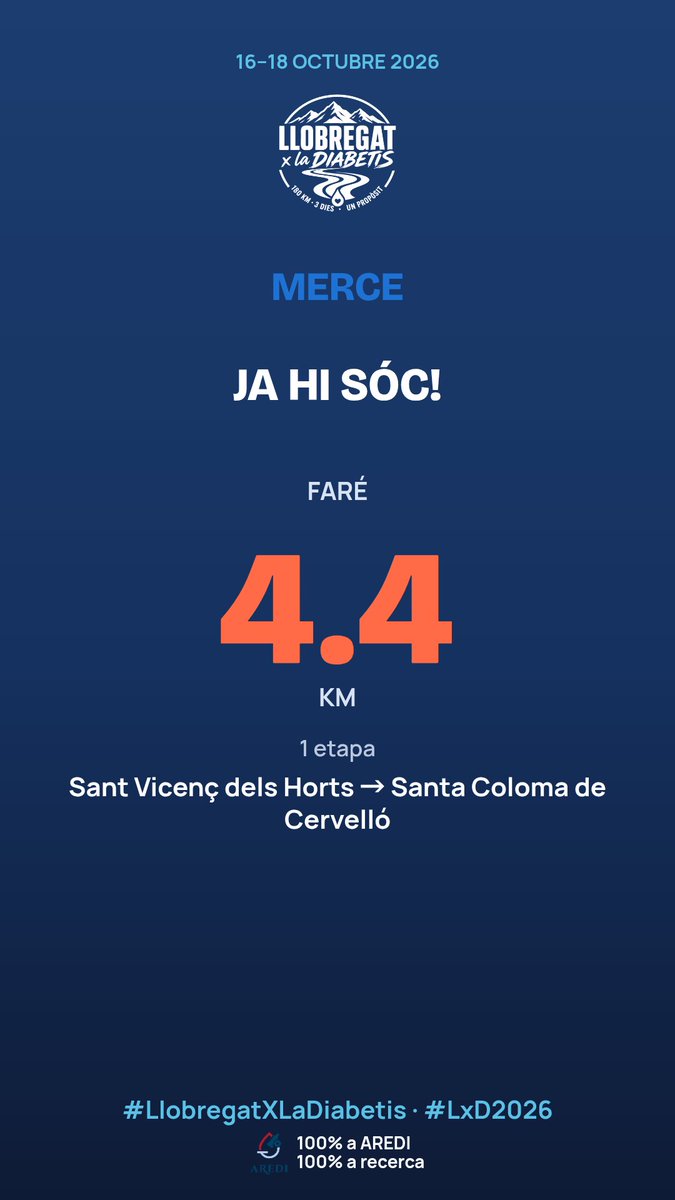 MerceaCorneLla's tweet photo. Ja estic inscrit/a al repte @llobregatxladiabetis! Faré caminant de Sant Vicenç dels Horts a Santa Coloma de Cervelló (4.4 km) del 16 al 18 d'octubre, per la recerca de la cura de la diabetis tipus 1 amb @arediabetis. Ens hi sumes? #LlobregatXLaDiabetis #LxD2026 https://t.co/N0zDCWxxzd