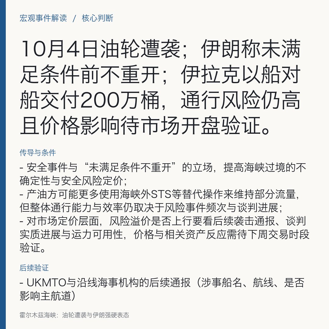Marenemf's tweet photo. 霍尔木兹海峡：油轮遭���与伊朗强硬表态

10月4日油轮遭袭；伊朗称未满足条件前不重开；伊拉克以船对船交付200万桶，通行风险仍高且价格影响待市场开盘验证。

10月4日，英国海上贸易行动办公室（UKMTO）通报，一艘油轮在霍尔木兹海峡遭“不明发射物”击中，机舱受损，船员安全，未有环境影响报告，调查进行中。（来源见下）
同日，伊朗议会议长卡利巴夫表示，在满足伊朗基于相关谅解备忘录提出的条件之前，霍尔木兹海峡不会重新开放，强调美国须认识到“通过消耗战强加单方面要求的时代已一去不复返”。
同日，伊朗外交部发言人表示，德黑兰已对美方提议作出回应，美方方案仍聚焦核问题，而伊朗现阶段重点是霍尔木兹海峡安全与通行议题。
此外，伊拉克油轮公司证实，使用一艘大型油轮将200万桶原油运出霍尔木兹海峡，并在海峡外以船对船（STS）方式向买家交货，称为“几十年来首次”采用该办法；报道亦提示，单笔交货不代表海峡全面恢复通行。

原因与依据
- 伊朗明示“先决条件未满足则不重开”，显示其将海峡安全与更广泛谈判条件挂钩
同日外交表态把焦点从核议题转回海峡安全，强化了将通航作为谈判筹码的逻辑。
- 发生在10月4日的油轮遭袭通报，叠加伊朗官方的强硬立场，意味着短期航行风险和不确定性仍在。
- 伊拉克以STS方式完成200万桶交货，说明区域内产油方在通行受限与风险上升时，正采用替代物流路径保障履约，但这属于权宜与局部安排，不能外推为海峡整体通行恢复。

传导与条件
- 安全事件与“未满足条件不重开”的立场，提高海峡过境的不确定性与安全风险定价；
- 产油方���能更多使用海峡外STS等替代操作来维持部分流量，但整体通行能力与效率仍取决于风险事件频次与谈判进展；
- 对市场定价层面，风险溢价是否上行要看后续袭击通报、谈判实质进展与运力可用性，价格与相关资产反应需待下周交易时段验证。

来源观点
- UKMTO称10月4日有油轮在霍尔木兹海峡遭袭，机舱受损但船员安全、调查进行中
- 伊朗议会议长卡利巴夫称在条件满足之前海峡不会重新开放
- 伊朗外交部发言人称已回复美方提议，并强调现阶段重点是霍尔木兹海峡问题
- 伊拉克油轮公司称以STS方式在海峡外交货200万桶原油，为该公司“几十年来首次”。

不同判断
- 当前公开报道未出现对同一事实的相反叙述，但在“海峡通行能否尽快恢复”的预期上存在条件依赖：伊方强调先决条件与安全保障
单笔STS交货不足以代表整体通行恢复。短期方向仍取决于后��事件与谈判进展。

资产影响
- 原油期货：◆ 地缘与通行风险溢价取决于后续袭击频率与谈判进展；价格影响需待下周开盘观察
- 美股能源股：◆ 方向取决于油价与供给不确定性定价；待美股开盘与公司层面指引/对冲披露验证
- 油运板块运价与可用运力：◆ 安全风险与STS占用船期可能抬升���本与日租价，但需跟踪事件密度与航线调整节奏

后续验证
- UKMTO与沿线海事机构的后续通报（涉事船名、航线、是否影响主航道）
- 伊朗与美方通过调解方的后续沟通是否出现“具体执行安排”（例如停火/护航/取消干扰措施），以及伊朗所称“条件”是否有可验证清单
- 伊拉克及其他海湾产油国的STS规模是否扩大（频次、单船量、目的地）
- 下周WTI/Brent与美股能源股的交易日内反应，以及航运公司对风险加价与排班的最新披露。

#USStocks
