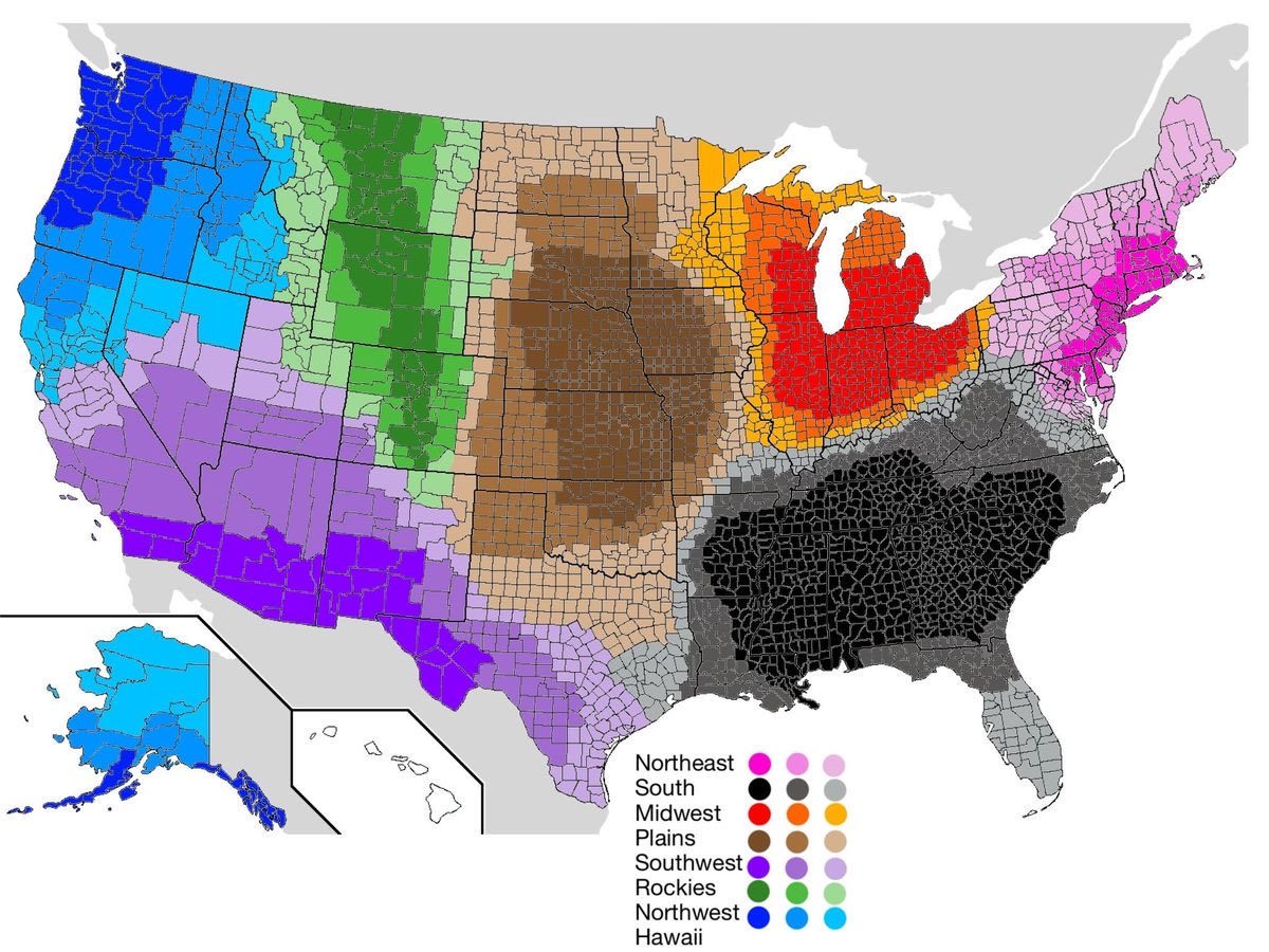 JoshuaBarzon's tweet photo. America’s 8 main regions. Darker at their cores, lighter where they blend together with adjacent regions. https://t.co/bSGCPoepD4