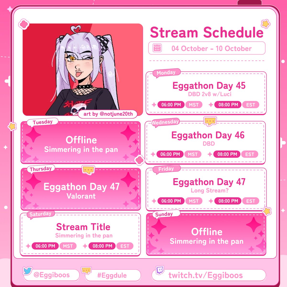 eggiboos's tweet photo. {The Breakfast Nook}
🗓️Eggdule for Oct 4th-10th🗓️
DOWN TO 26 HOURS YAYYY :D
SAT WILL BE 1.2k Celebration :3
{#eggdule}
☆〜Mon- Eggathon Day 47 (DBD)
☆〜Wed- Eggathon Day 48 (IDK:D)
☆〜Fri- Eggathon Day 49 (Val)
☆〜Sat- Eggathon Day 50 (Variety) https://t.co/qZAlJ4kMn6