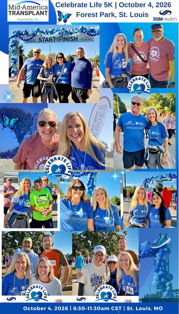 KristaLentine's tweet photo. 🦋 The people make #CelebrateLife so meaningful.
 
 🌅 One of the greatest joys of Mid-America Transplant #CelebrateLife2026 was connecting outside the hospital and clinic with our patients, transplant recipients, living donors, donor families, and their loved ones. 💙💚
 
 💐 Every #transplant journey is different, but each reminds us why this work matters—and of the extraordinary generosity, courage, trust, and partnership behind the #GiftOfLife.For our transplant teams, it is a privilege to care for patients across their journeys and especially meaningful to see them back in the community—walking, celebrating, reconnecting, and sharing hope with others.🤲🏽👟
 
 🙏🏽 Deepest gratitude to our patients and families, to #LivingDonors and #DonorFamilies, and to Mid-America Transplant for the partnership that makes this #community possible. 🤝🏽 @drrushdafaruk  | @SSMHealthSTL | @SSMHealth | @cardinalglennon 
 
 🦋 #CelebrateLife5K #Transplantation #OrganDonation #DonateLife #LivingDonation #GiftOfLife #SLUTransplant #SSMHealth #MidAmericaTransplant #StLouis #Community