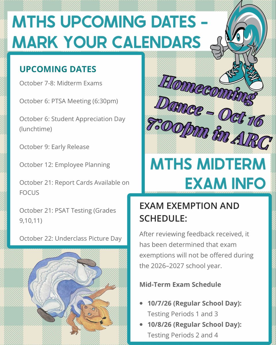 McFatter_Tech's tweet photo. 👀MTHS students & families - Mark you calendars for these October dates.
MIDTERM EXAMS THIS WEEK!
Check out the weekly newsletter for full details. 🔗https://t.co/XWmo7619XP
ALSO… 🎉Heads up -Spirit Week is the week of 10/12.
#homecoming #spiritweek #midtermexams #stormpride https://t.co/OTX8JEoN43