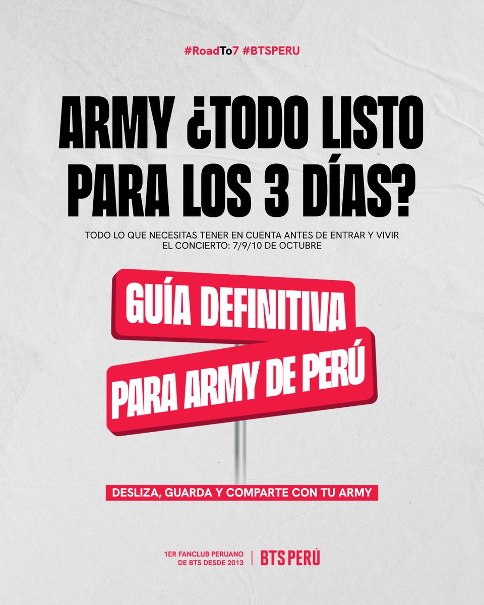 bts_peru1's tweet photo. ARMY, ¿YA TIENEN TODO LISTO PARA LOS TRES DÍAS DE CONCIERTO? 💜🇵🇪

El 7, 9 y 10 de octubre por fin estamos juntas en Lima, y queremos que lo vivamos con todo resuelto: sin dudas, sin carreras de último minuto y cuidándonos entre todas.

Por eso preparamos esta guía definitiva para ARMY de Perú. Desliza y guárdala 📖