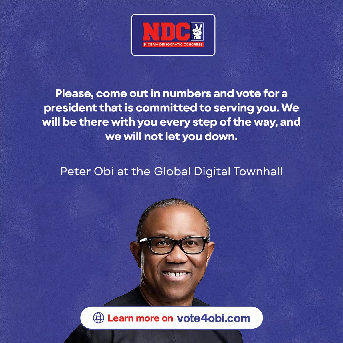 Vote4OK2027's tweet photo. In closing, H.E Peter Obi(@PeterObi) had one request:

"come out in numbers and vote for a president committed to serving you."

His promise to everyone who shows up: 
"We will be there with you every step of the way, and we will not let you down."

Here's how you show up:
1️⃣ Sign up on the platform at https://t.co/B8S1cOCJKF
2️⃣ Vote Obi and Kwankwaso
3️⃣ Deliver your 20

Together we will make Nigeria OK✌️

#NDC #Vote4Obi #OneNigeria #MyTwentyVotersForObiKwankwaso