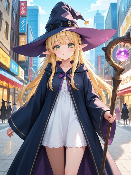 Anime-style illustration of a blonde elf girl wearing a large witch hat and dark cloak, holding a staff with a purple orb in a city street with Japanese signs.