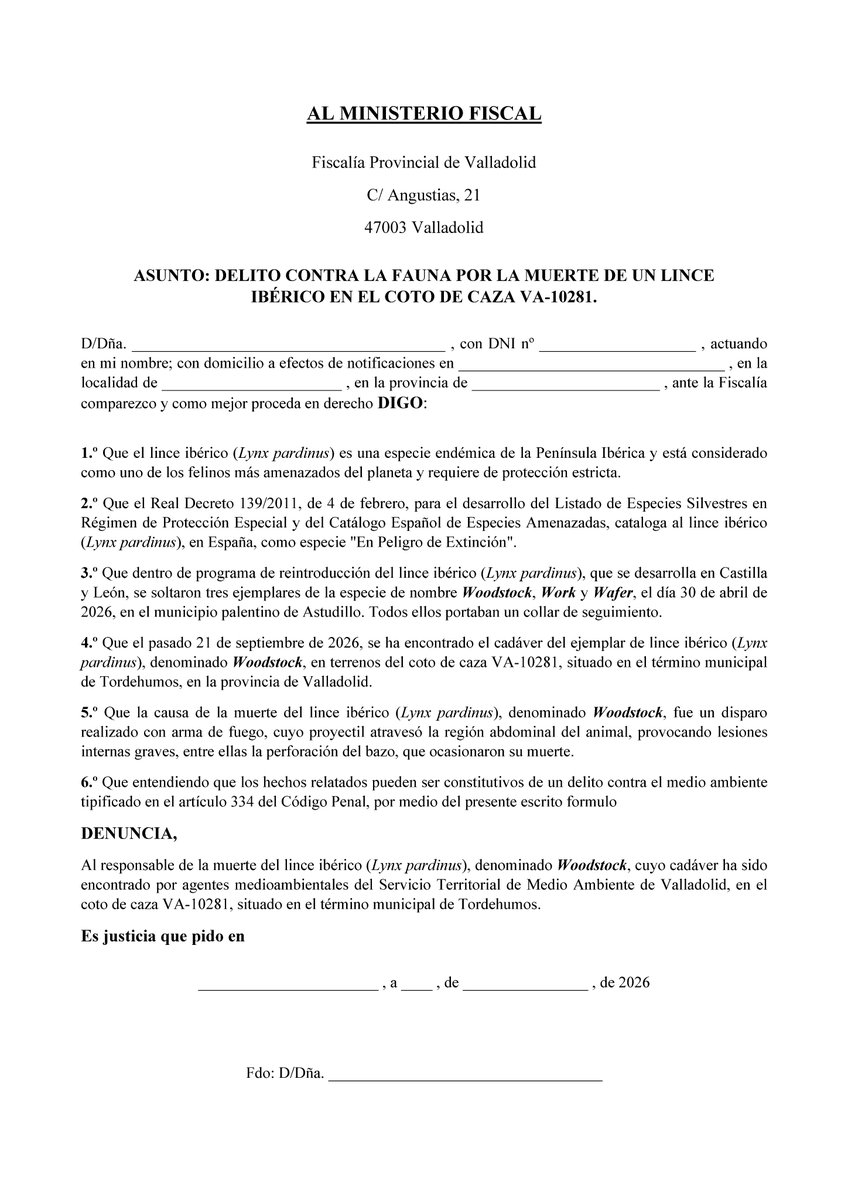 rafamerdel's tweet photo. Si la muerte de Woodstock os indigna tanto como a mí, os animo a todos a presentar este modelo de denuncia ante la Fiscalía Provincial de Valladolid.

Se puede descargar en el siguiente enlace: https://t.co/r11FcV3uoZ

Estará disponible hasta el próximo 11 de octubre. https://t.co/qkV3pqGaEo