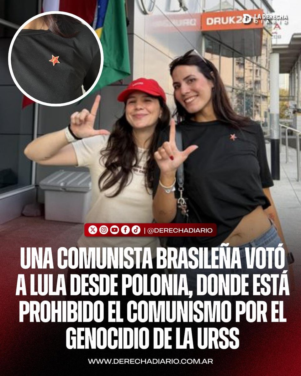 laderechadiario's tweet photo. 🚨🇧🇷🇵🇱 | UNA COMUNISTA BRASILEÑA VOTÓ A LULA DESDE POLONIA: Lo hizo con la estrella roja en la remera, desde el país que prohibió el comunismo por los crímenes de la URSS.

Polonia penó la propaganda comunista después de la ocupación soviética, las deportaciones a Siberia y la masacre de Katyn. El dictador Lula recibió ese voto desde uno de los países que más caro pagó el genocidio del comunismo.