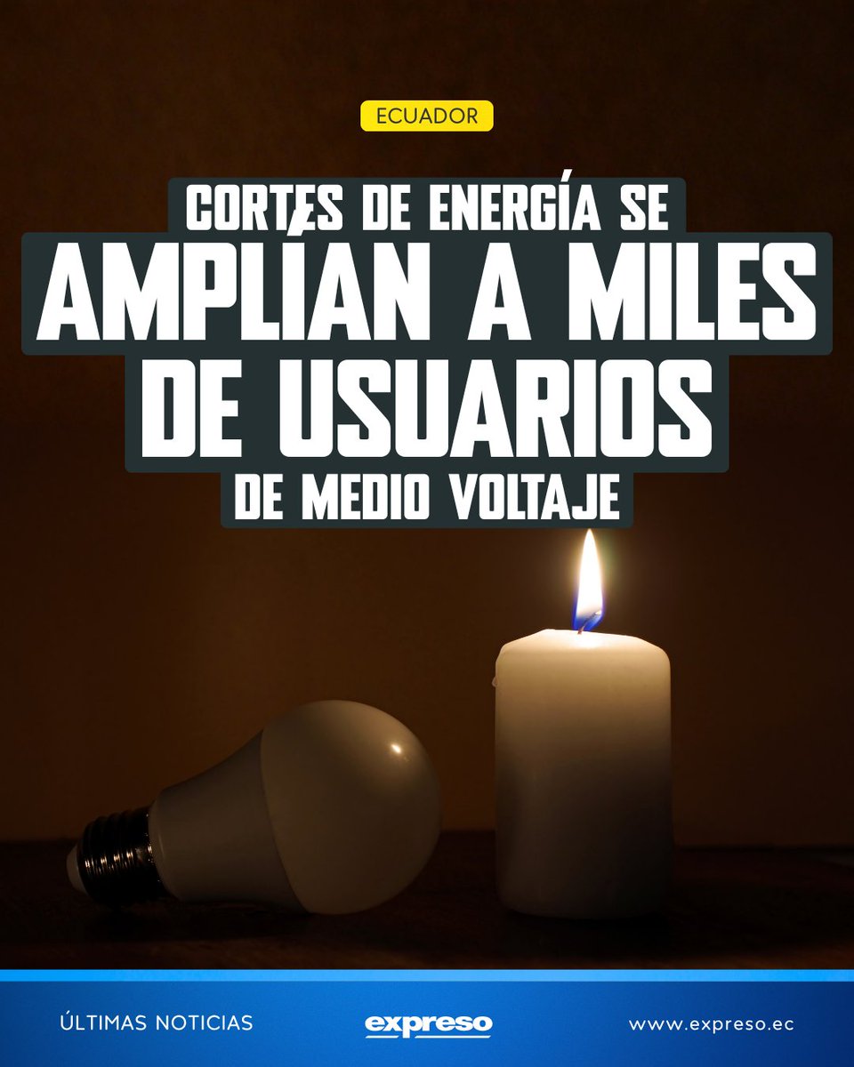 Expresoec's tweet photo. Los cortes de energía se amplían en Ecuador: 8.939 usuarios de medio voltaje entran al esquema de desconexiones, con una demanda conjunta de 9.160,71 MWh diarios. La medida se suma a la afectación de grandes industrias.

Más información: https://t.co/7M7FaOhvnt https://t.co/VJ9lF9COl4