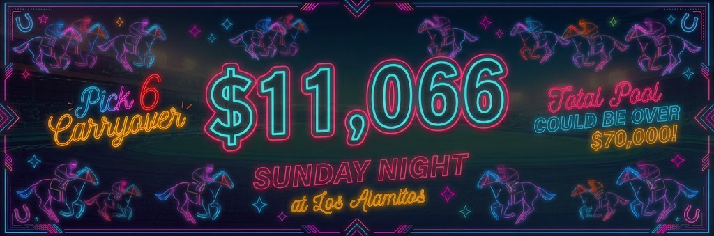 losalracing's tweet photo. We'll have a P6 carryover of $11,066 on Sunday night! With the new money to be wagered tonight, the total pool could be over $70,000! First post is 6:10 PM and the sequence starts in race 3. https://t.co/HzddSjySZZ
