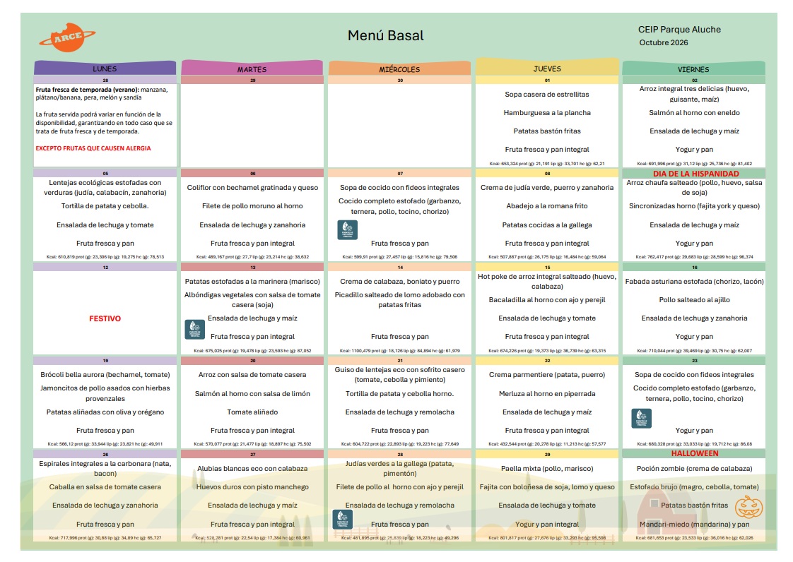 CP_ParqueAluche's tweet photo. Menú de Comedor mes de Octubre. Avanzando en el trimestre, descubriendo nuevas cosas y terminando con Halloween ¡Buen Provecho!  
October Dining Menu. Moving forward into the term, discovering new things, and wrapping up with Halloween. Enjoy your meal! https://t.co/JqDj70iwSW