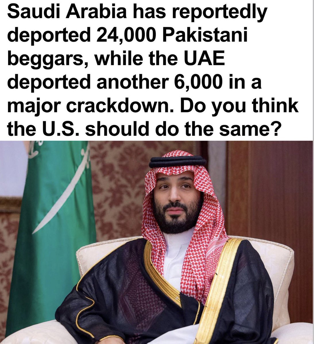 Luna_Jones79's tweet photo. Saudi Arabia reportedly sent 24,000 Pakistani beggars home and the UAE moved another 6,000. Gulf states are not debating it. They are doing it. Should the US run the same crackdown? https://t.co/oDcKqEhvXg