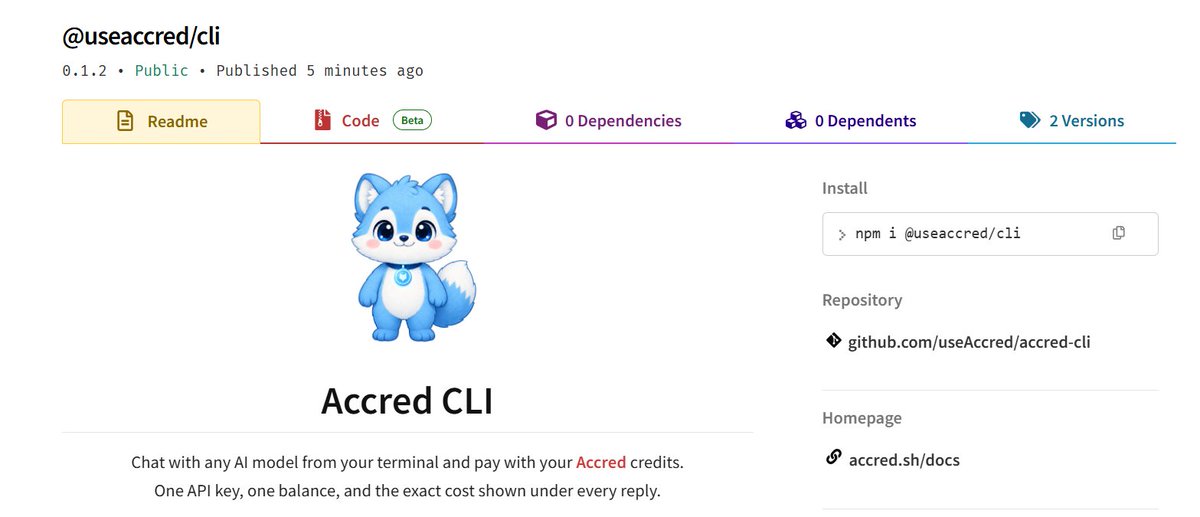 useAccred's tweet photo. Also works in scripts:

accred --model anthropic/claude-sonnet-4-6 -p "Explain DNS in one paragraph"
cat notes.txt | accred -p "Summarize this:"

Key lives in your system keychain, or set ACCRED_API_KEY for servers. https://t.co/9OBvRHLsII
