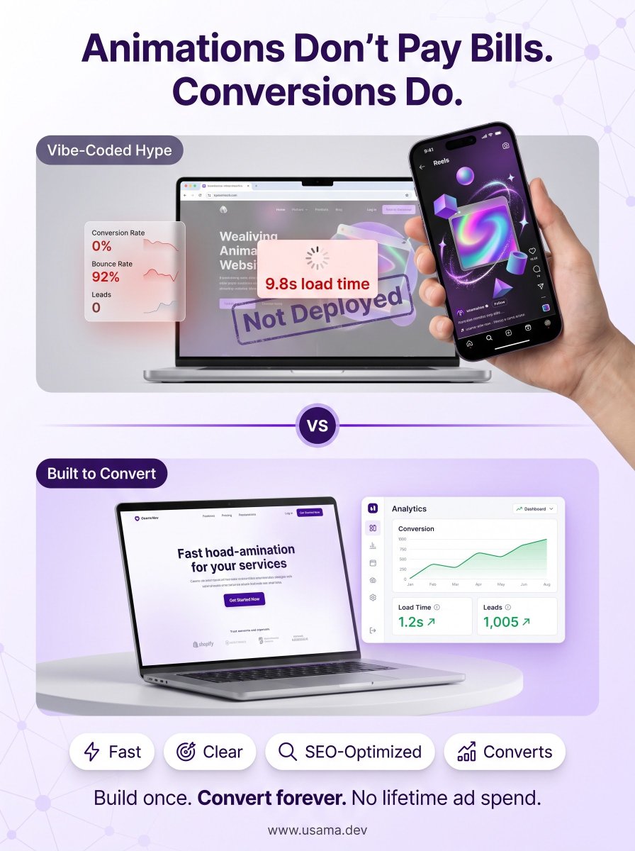 UsamaSarwarPro's tweet photo. A website that goes viral on Instagram doesn't mean your business will grow. 🚨

Every day I see the same thing:

A founder scrolls Instagram, spots a "vibe-coded" website packed with animations, 3D effects and glowing gradients, and thinks:
👉  AI can build a site like this... https://t.co/YoBE0NIplM