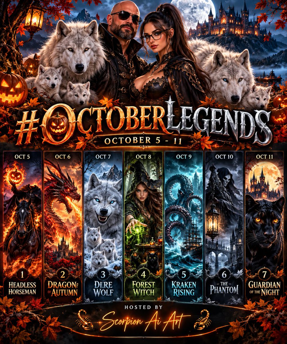 ScorpionAiArt's tweet photo. 🎃🐺 The legends awaken, and the adventure begins! 🐉✨
Join us for #OctoberLegends, a week-long fantasy and Halloween-inspired creative challenge hosted by Scorpion AI Art! From the fiery Headless Horseman to the mysterious Guardian of the Night, each day brings a new legendary prompt to spark your imagination.
Create, share, and showcase your unique vision using #OctoberLegends so everyone can enjoy your incredible artwork. Invite your friends, fellow artists, and creative communities to join the fun and help make this challenge unforgettable.
Most importantly, let your imagination run wild, support one another, and have fun! 🎃🖤✨
Hosted by Scorpion AI Art
#OctoberLegends #AIArtChallenge #FantasyArt #HalloweenArt #CreativeCommunity
