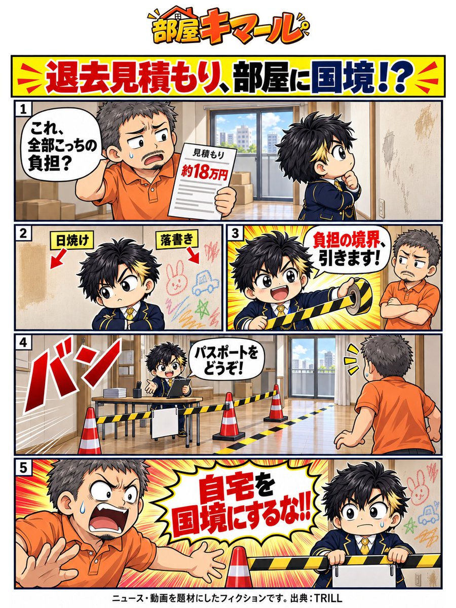 heyakimeru's tweet photo. 退去見積もりを見て、負担の分け方を確認したい。

キマールに任せたら、部屋の中に妙な手続きが増えました。

#部屋キマール #不動産漫画

出典：https://t.co/SxOEoUxquu https://t.co/huRQAikN2Y