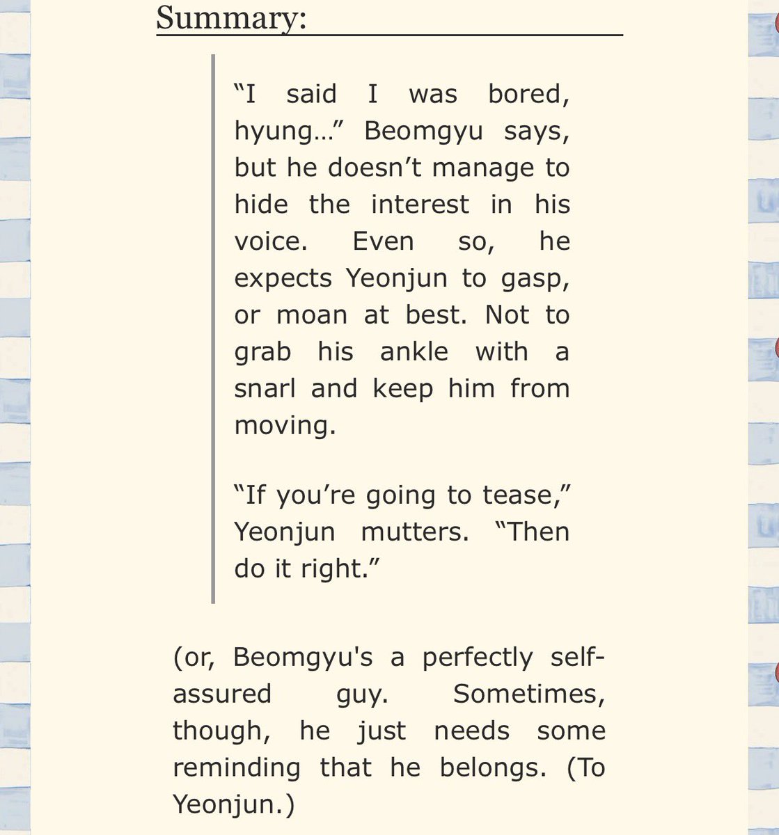 tubatulibrary's tweet photo. 「 ✦ kinktober special: day 4 ✦ 」

warm, kissed by the sun
✎ by Anonymous

⟢ 🐻🦊 (m/m, rated e, 2.5k)
⟢ prompt : body writing
⟢ established relationship, marking, pwp

start reading!
https://t.co/JXjXGuNKzQ https://t.co/uwoc4YPUsa