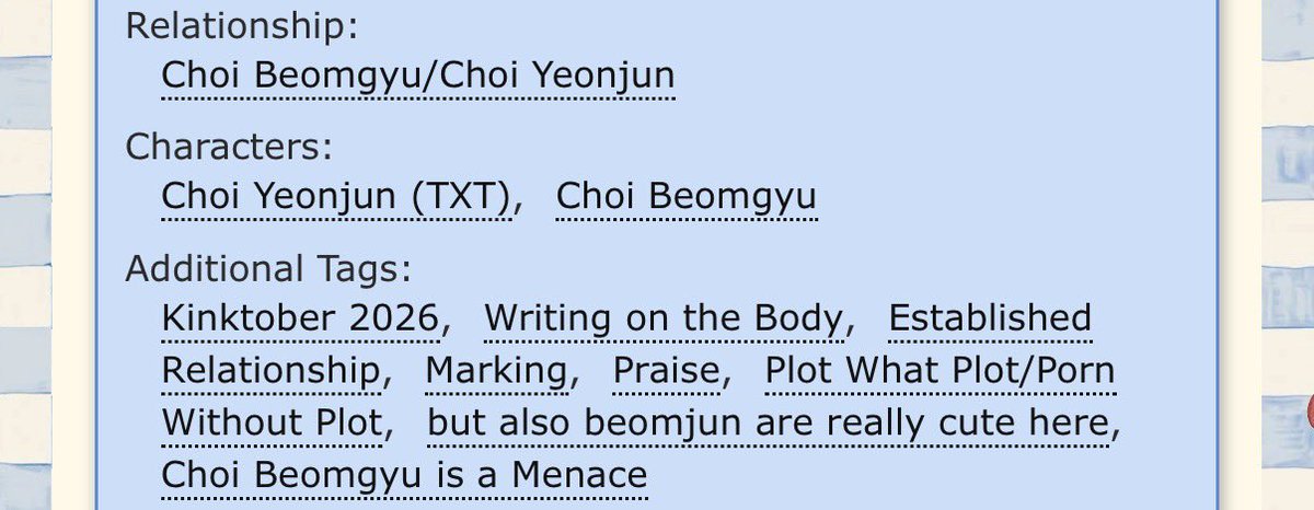 tubatulibrary's tweet photo. 「 ✦ kinktober special: day 4 ✦ 」

warm, kissed by the sun
✎ by Anonymous

⟢ 🐻🦊 (m/m, rated e, 2.5k)
⟢ prompt : body writing
⟢ established relationship, marking, pwp

start reading!
https://t.co/JXjXGuNKzQ https://t.co/uwoc4YPUsa