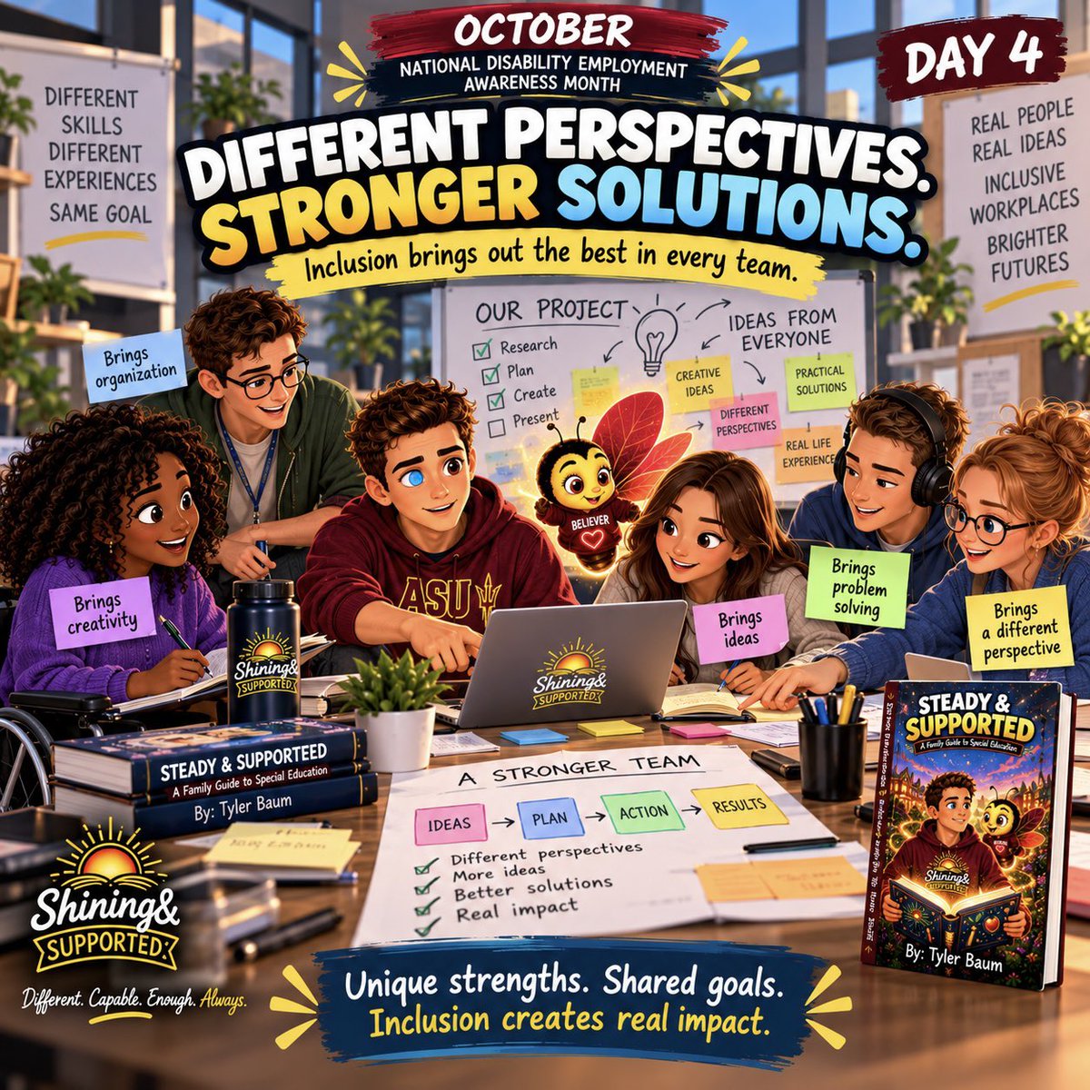 ShiningSupports's tweet photo. Day 4: Different Perspectives. Stronger Solutions.

Every person brings unique strengths, ideas, and experiences to the team.

When everyone has the opportunity to contribute, we can accomplish more together. 

#NDEAM #ShiningAndSupported #DisabilityInclusion https://t.co/YJPWqrLKbk