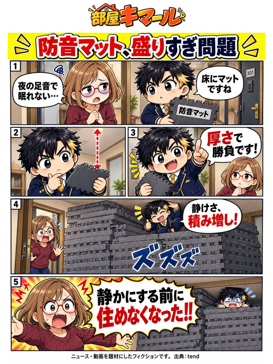 heyakimeru's tweet photo. 足音への対策が、なぜか高さとの勝負に。

管理会社の提案を聞いたキマールが、張り切りすぎました。

#部屋キマール #不動産漫画

出典：https://t.co/Rt3uW5VtxS https://t.co/7yllvRDklN