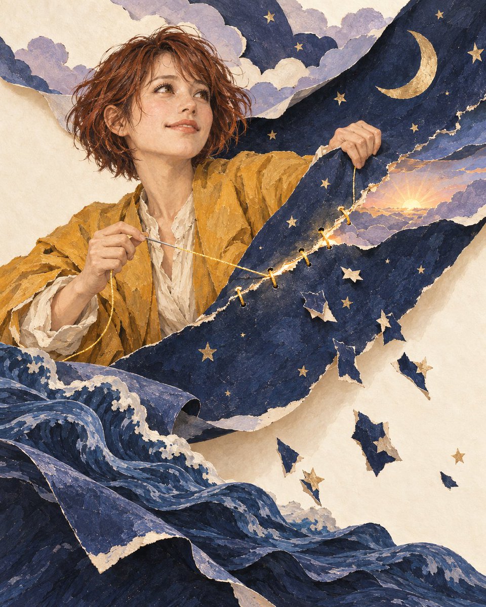 008ojisan's tweet photo. 夜のほころび。

こぼれた星まで、明日の光に縫い直す。

アクリル × スケッチ × 切り絵で制作 https://t.co/VqvGPJAf2n